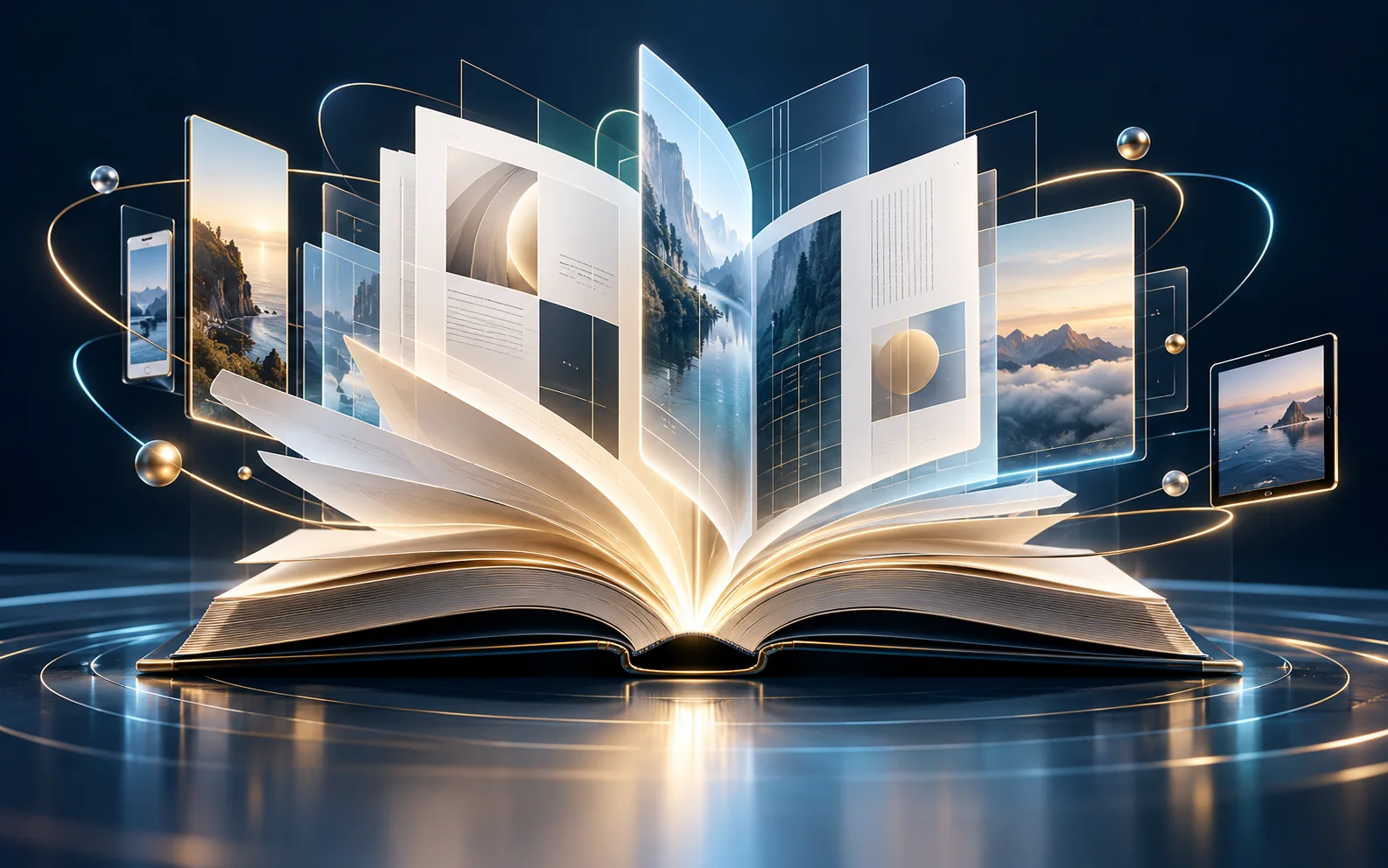 Open book unfolding into digital reading experiences