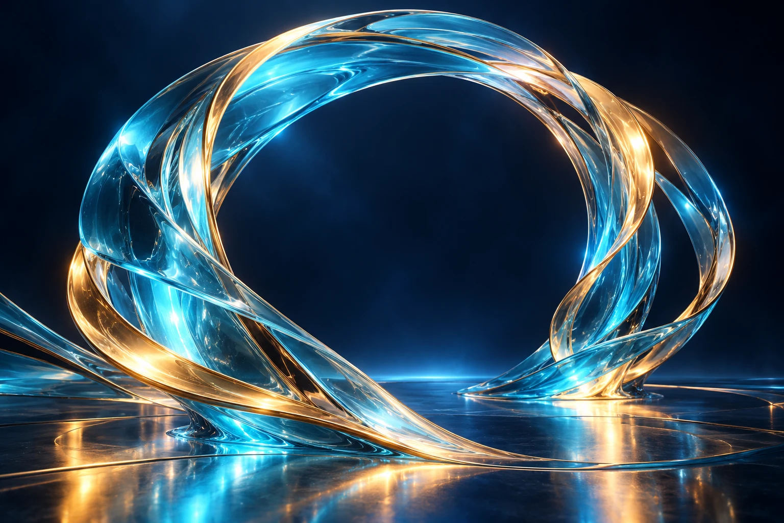 Luminous sculptural blue and gold portal representing creative possibilities